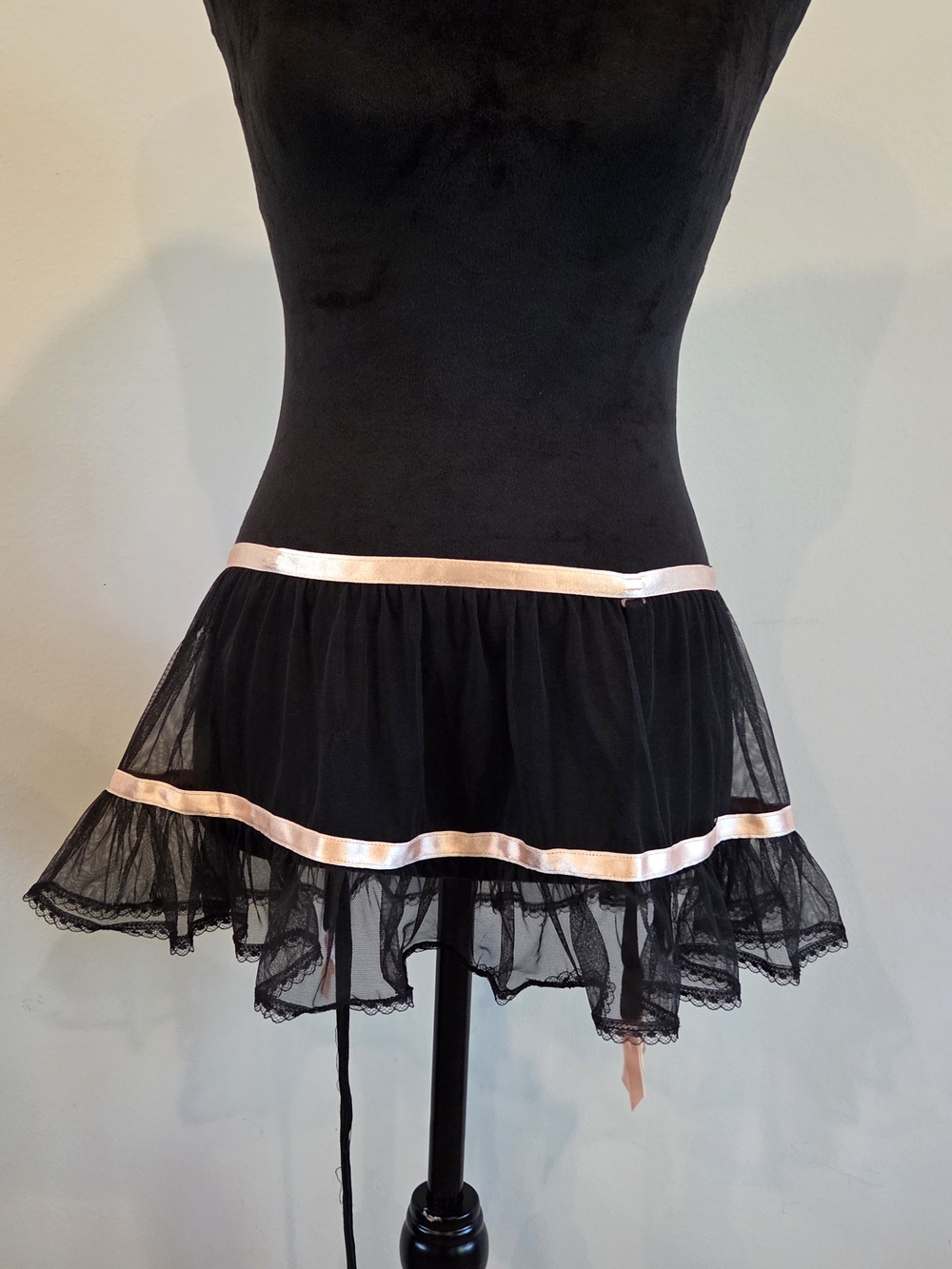 Victoria's Secret Black Tulle Skater Skirt with Pink Ribbon Trim